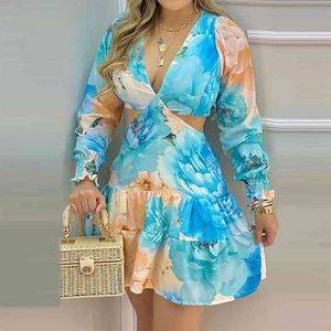 Blue floral imprimé hollowout robe dos à lacets à lacets à manches longues V ecque sexy mini féminin fête bodycon 210521