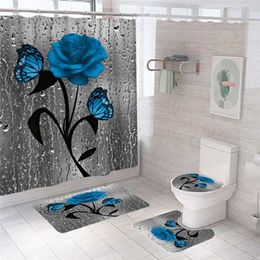 Blauwe Bloem Vlinder Badkamer Antislipmat Set Duurzaam Waterdicht Douchegordijn Voetstuk Tapijt Deksel Wc-afdekking Badmat Tapijten 21072508