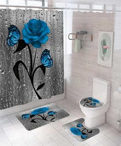 Blauwe bloem vlinder badkamer niet -slipmat set duurzaam waterdichte douchegordijn voetstuk deksellid toiletkap badmat tapijten 21074100414