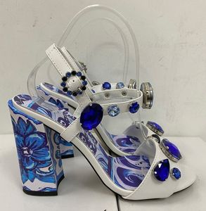 Blue Flower Crystal Sandalen Dames Zomer Gladiatoren Mode Hoge dikke hak Lady Pumps Platformschoen