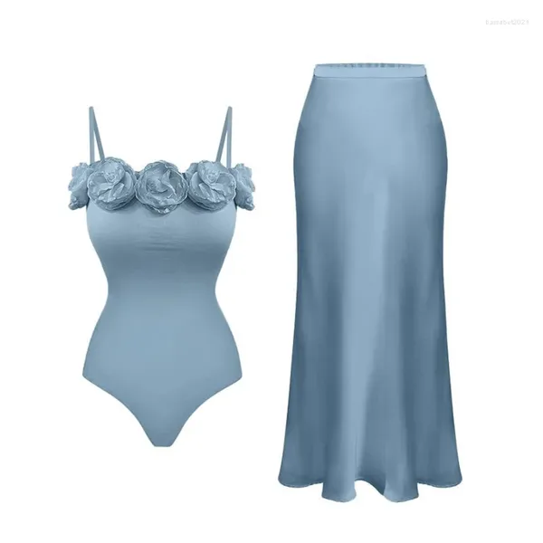 Body elegante con flores azules para mujer, traje de baño de 1 pieza, trajes de playa sexys, ropa de playa con cuello Halter, Tops de Bikini con falda 2024