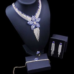 Blauwe Bloem Luxe Vrouwen Nigeriaanse bruiloft Nijija Bruid Cubic Zirconia Crystal Ketting Ring Bangle Oorbel Dubai Sieraden Set 4PCS H1022