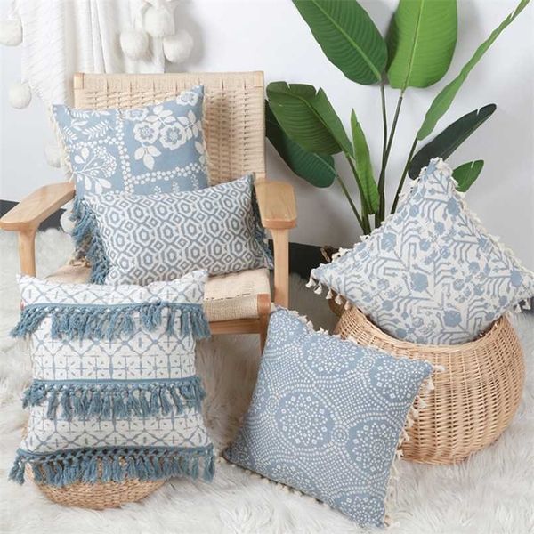 Coussin de pompon imprimé de fleurs bleues, taie d'oreiller en coton au crochet, oreillers décoratifs pour canapé, dossier lombaire, ameublement de maison 211203