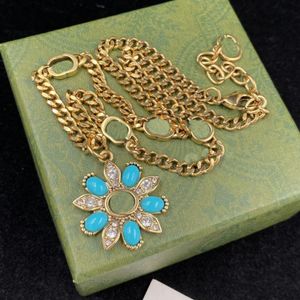 Blauwe bloemvorm strass hanger kettingen antieke bronzen ketting luxe ketting modemerkontwerper voor vrouw meisje dames w329U