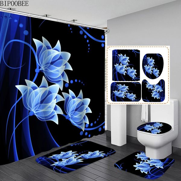 Ensemble de rideaux de douche à fleurs bleues, housse de siège de toilette, accessoire de salle de bains, tapis antidérapant, tapis de bain, rideaux de baignoire imperméables 240108