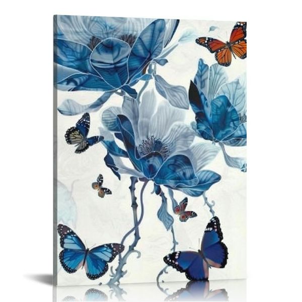 Blue Flower Wall Art Decor Decor Lotus avec papillon PEINTURE TELEVA