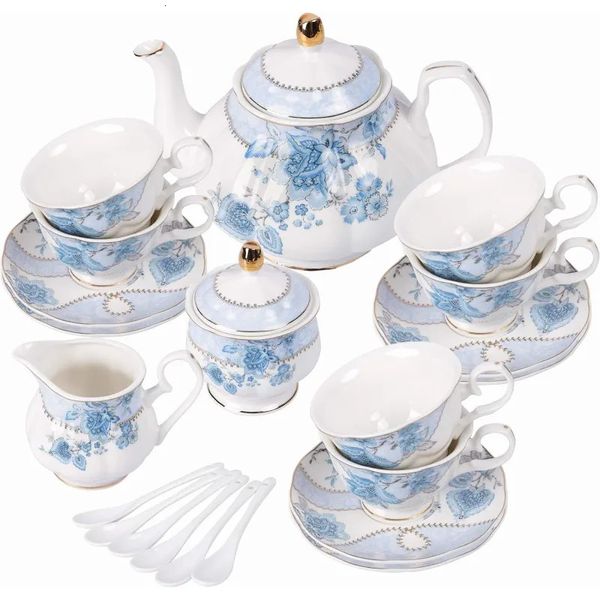 Blue Flowers Porcelain Tea Settea Cup and Saucer SetService for 6wedding teapot sucre bowl crème lancechina Coffee Set 240411