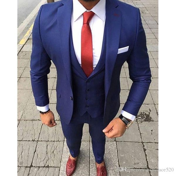 Blue Formal Men Suits Smooth Tuxedos Slim Fit Homme Vêtements TROIS PEUTES PANTAL DE VESTS DE MUDE DESIGN
