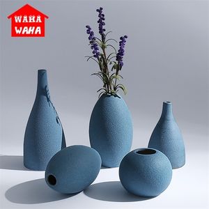 Blue Frosted Ceramic Vazen Flower Receptacle Tafelblad Vaas Klassieke China Kunst en Ambachten Home Decor Inrichting Creative Gift LJ201208