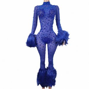 Bleu Furry Combinaison Femmes Lg Manches Skinny Fringe Justaucorps Sexy Mesh Stage Wear DJ Chanteur Danseur Party Show Costume Guibin D5Nd #