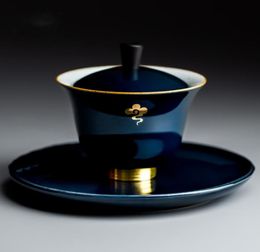 Bleu Gaiwan traditionnel porcelaine thé soupière tasses à thé blanc Jingdezhen chinois service à thé couvercle tasses soucoupe thé couverture bol 9918093