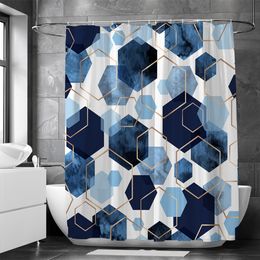 Rideaux de douche hexagonaux géométriques bleus Tissus imperméables Rideau de salle de bain avec crochets 180x200cm Écran de bain Cloison de toilette