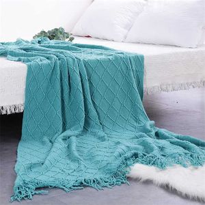 Blauwe geometrische plaid gooien deken voor sofa cover handdoek gebreide dutje deken met kwastjes tafelkleed tapijtwerk thuisbed decoratie 211122