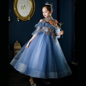 Robes de filles bleues 3D V cou sur les enfants à manches longues pour adolescents Pageant Robes de fête d'anniversaire pour le mariage Cooktail Boue de fleur de fleur