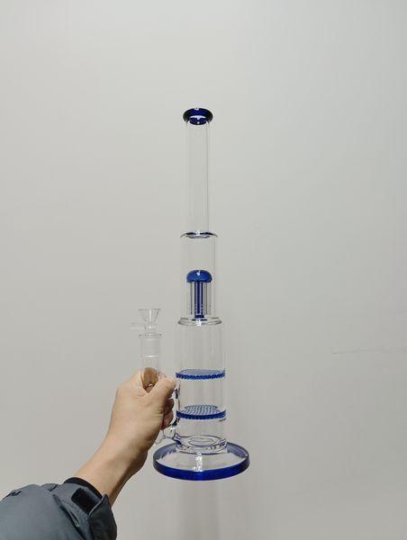 Bong en verre bleu narguilé tube droit nid d'abeille Perc Dab plate-forme recycleur d'eau barboteur tuyau de fumée