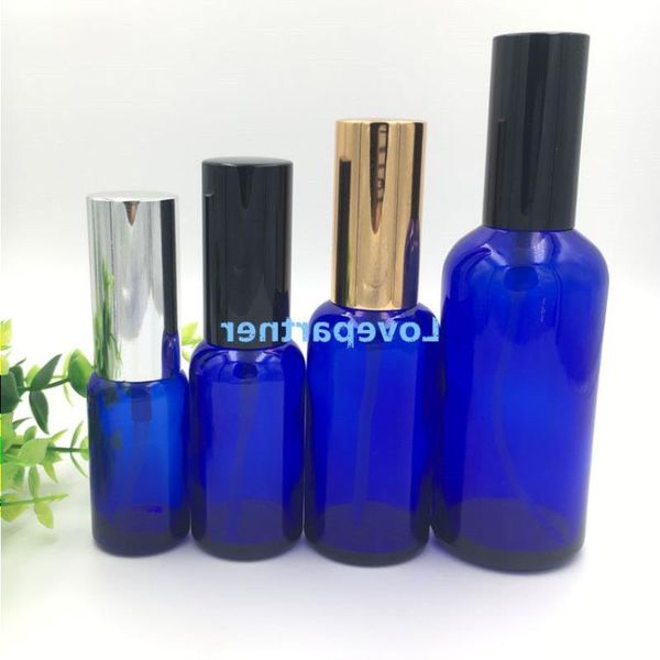 Garrafa de spray de vidro azul 20ml 30ml 50ml 100ml frascos de perfume de óleo essencial de atacado com preto prata ouro tampa Rcrue