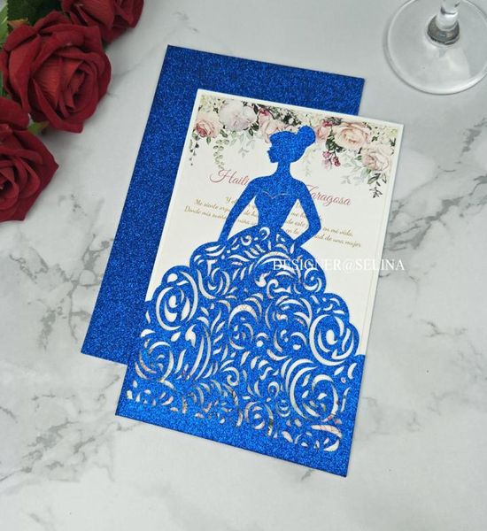 Vestes à paillettes bleues découpées au Laser, Invitations douces 15 Quinceanera pour filles, invitation formelle de fête de princesse, 16 ans, 8092628