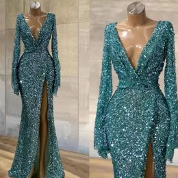 Blauw Glitter Pailletten Zeemeermin Prom Jurken Lange Mouwen Sexy Diepe V-hals Split Vooraan Party Night Afrikaanse Formele Avondjurken plus Size