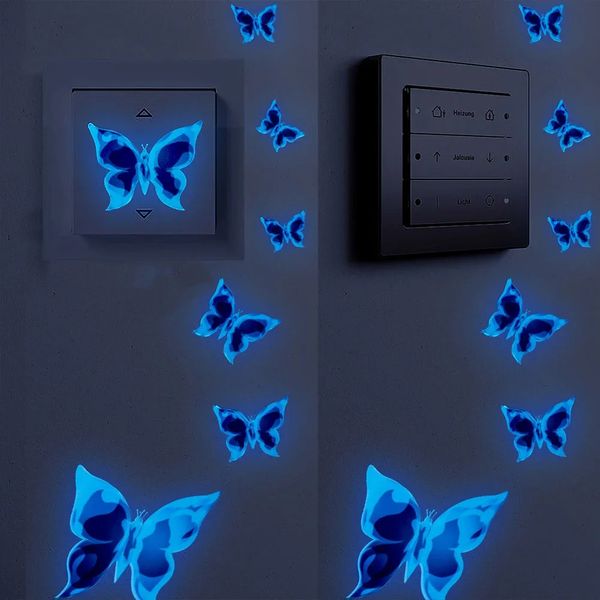 Autocollants muraux papillon brillant bleu, accessoires de décoration de salle, autocollant de dessin animé pour anniversaires, Paster 240112