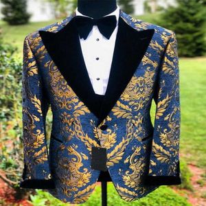 Blauw goud jacquard prom pakken voor mannen 2 stuk bruiloft smoking custom floral mannelijke mode kostuumjas met zwarte broek 2020 x0909