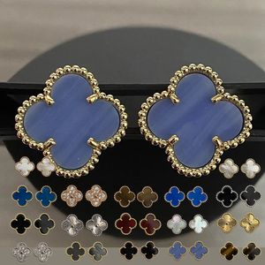 Boucles d'oreilles à tige en forme de trèfle à quatre feuilles cerclées d'or bleu Cadeau Boucles d'oreilles en perles Cerceau Bijoux de mariée Femmes Goujons Amoureux Luxe Coloré Trèfle à quatre feuilles Plaqué argent