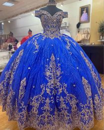 Blue Gold Royal Vestidos de 15 anos 2024 Puffy Sweet 16 jurk off-the-shoulder quinceanera baljurken