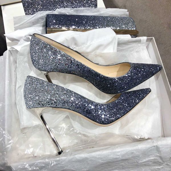 Zapatos de tacón ostentosos con degradado azul para mujer, zapatos de boda con punta en pico y lentejuelas brillantes, tacones finos, zapatos de banquete brillantes sin cordones 0316
