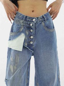 Blue Graffiti Dirty Jeans Womens Summer New Street Style Loose All-match Neutral Denim Pantalon Femme Taille Haute Pantalon Droit T220728