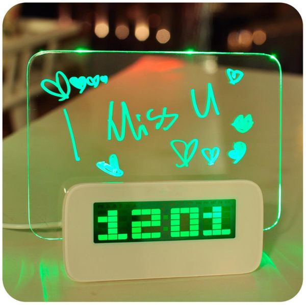 Réveil numérique Fluorescent LED bleu vert, électronique avec panneau de messages, Hub USB 4 ports pour 3765751