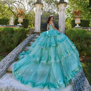 Azul verde largo vestidos de quinceañera vestido de fiesta de cumpleaños vestido apliques rebordear con tren desmontable vestido de novia de 15 anos