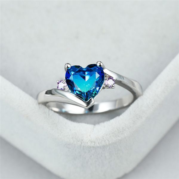 Bleu vert arc-en-ciel pierre amour coeur bagues de fiançailles pour les femmes bijoux de mariage multicolore cristal Zircon anneau accessoires de mariée Y0420
