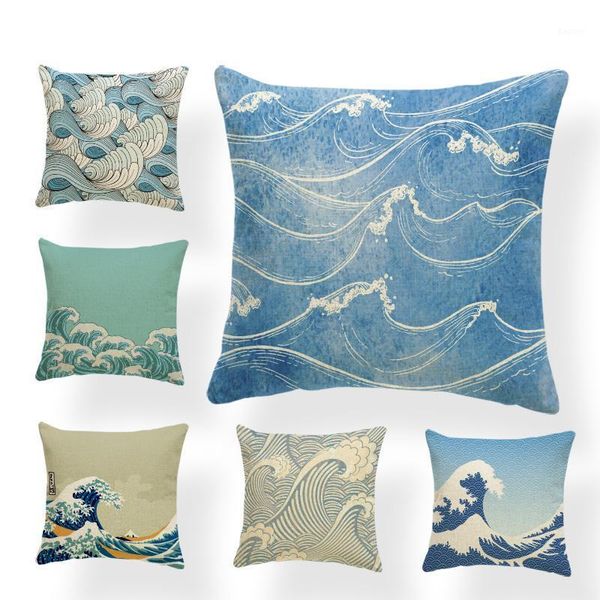 Bleu vert mer vague housse De coussin Capa De Almofada canapé jeter taie d'oreiller créatif nautique Cojines Decorativos maison 43-43Cm