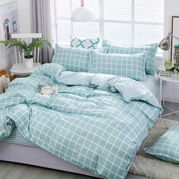Bleu grille maison Textile doux housse de couette taie d'oreiller drap de lit roi reine double haute qualité Style jeune pour ensemble de literie