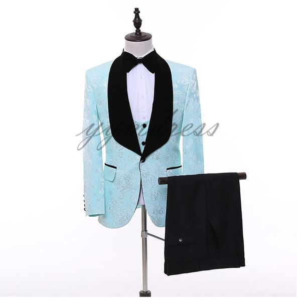 Blue Groom Tuxedos Groomsmen Black Shawl Lapel Flower print Best Man Suit Wedding Men's Blazer Suits Custom Made (Veste + Pantalon + Arc + Gilet)