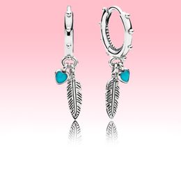 Coeurs bleus et boucles d'oreilles plumes créoles en argent sterling 925 femmes filles bijoux pour Pandora Love Heart pendentif boucle d'oreille avec boîte d'origine