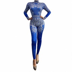 Bleu col haut brillant cristal strass combinaisons sexy pour femmes discothèque vêtements scène chanteur costumes fête pôle porter m2U4 #