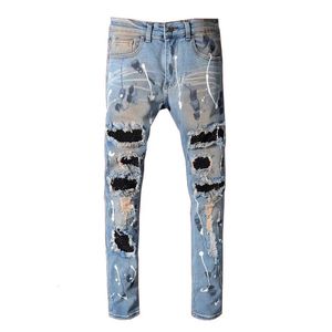 Trous de rue bleue Cristaux transparents patchwork extensible slim fit strassons patchs en détresse graffiti jeans hommes 240422