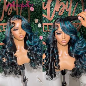 BLAUW HOOG BODY WAVE Pruik 180% Transparant kanten voorkant menselijk haarpruiken vooraf geplukte golvende zwart/grijs/gele synthetische cosplay pruiken voor vrouwen