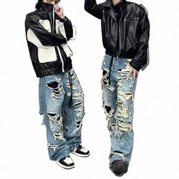 Blue Hole Design High Street Populaire Jeans Taille Haute Hommes Y2K Baggy Hip Hop Fi Tendance Pantalon Droit Large Jambe 2023 Vintage Z67A #