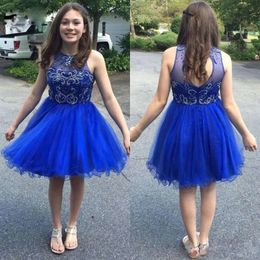 Robes creux bleues courtes Homecoming Royal 2021 Back Tulle Crystals perlé personnalisés au-dessus du genou mini robe de fête de queue