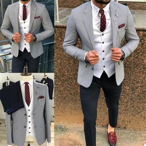 Blue Houndstooth Wedding Tuxedos Men Suits 3 Pieces Custom Made Wedding Suits Lapel Casual Fashion Formal Business Coat Pant Vest