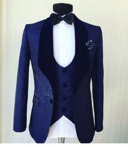 Blauwe Jacquard Bruidegom Tuxedos Velvet Sjaal Revers Mens Bruiloft Tuxedos 19 Stijl Man Jas Blazer 3 Stuk Suit (Jas + Broek + Vest + Tie) 1287