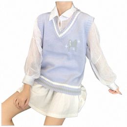 Gilet tricoté de fille japonaise bleue pull polyvalent mignon uniforme scolaire Cardigans JK pull de broderie uniforme G7xC #