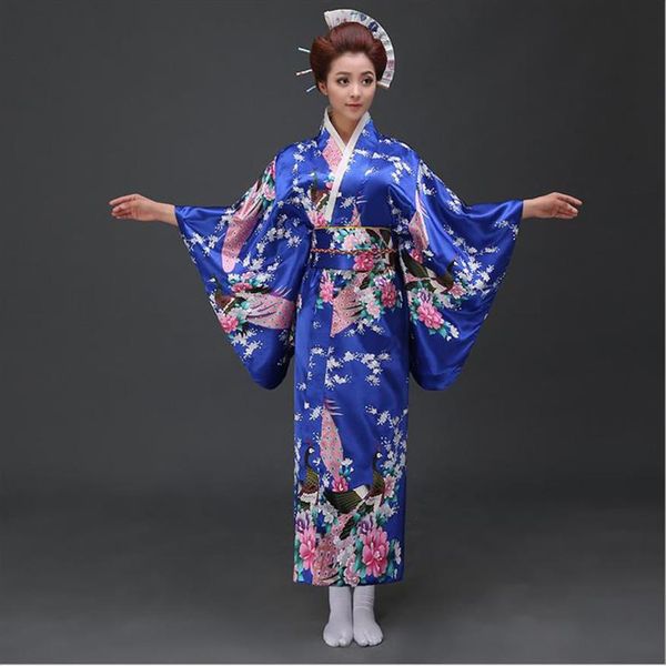 Blue Japanese National Women Silk Kimono Yukata avec Obi Nowing Dress Cosplayhalloween Costume Floral One Size JK068218I