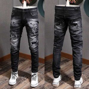 Blue Jeans Mens 5 Pocket Patchwork Patches Détail élastique Damage élastique Pantalon Ripped Effet Cowboy pantalon 11 Z61S