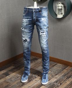 Blue Jeans Mens Patchwork Patches Stitch Détail élastique Dommage élastique Pantalon Ripped Effet Cowboy Pantalons F9ig