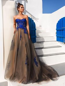 dentelle bleue appliques robes de soirée 2019 nouvelle conception de cristal nuptiale chérie décolleté balayage train A-ligne robes de soirée formelles 413