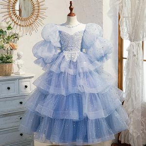 Blue Lace Flower Girl Bows Children's First Holy Communion Dress Princess Formele Tule Ball Jurk Wedding Party 2-14 jaar 403