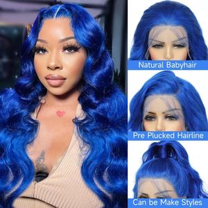 Perruque Lace Front Wig naturelle bleue, cheveux humains, Body Wave, HD, 13x4, densité 180%, pour femmes
