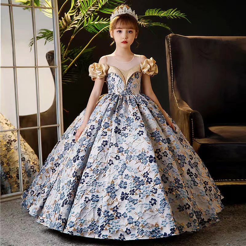 Bleu Dentelle Ivoire Robes De Fille De Fleur Appliques Bébé Filles Robe De Soirée Cap Manches Puffy Robe De Princesse Arc Bébé Tout-petit Filles Adorables Enfants Robes De Première Communion